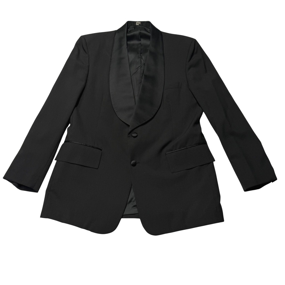 Vintage After Six 2pc Black Tuxedo Suit 42R Shawl Lapel Satin Stripe Pants USA